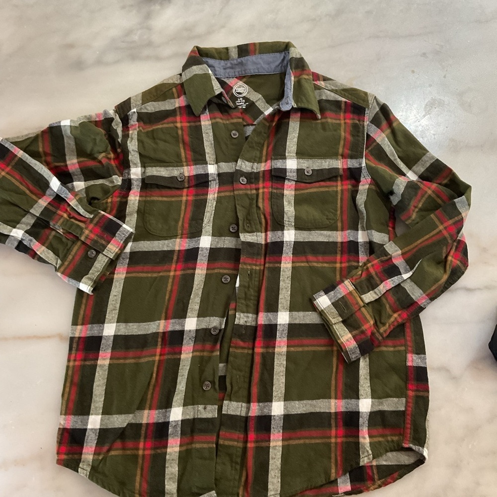 wonder nation Olive Plaid Button-Down Shirt with Red & White Stripes
